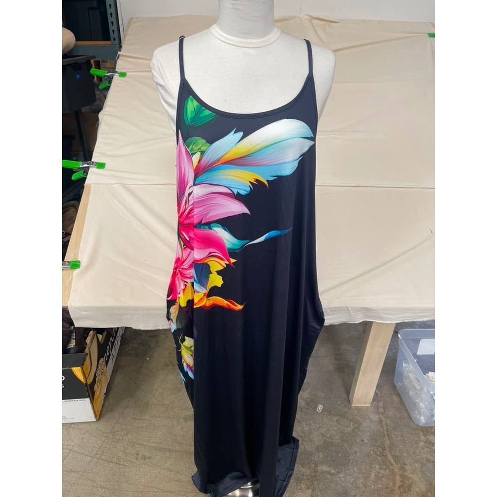 Floral Tropical Print Maxi Dress Black Sleeveless Spaghetti‎ Strap Pockets Large